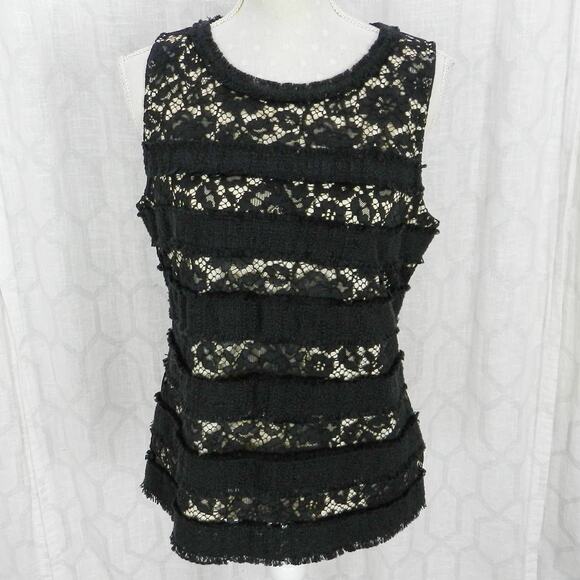 J. Crew Black Lace Tweed‎ Fringe Shell Sz M Womens - Picture 2 of 12